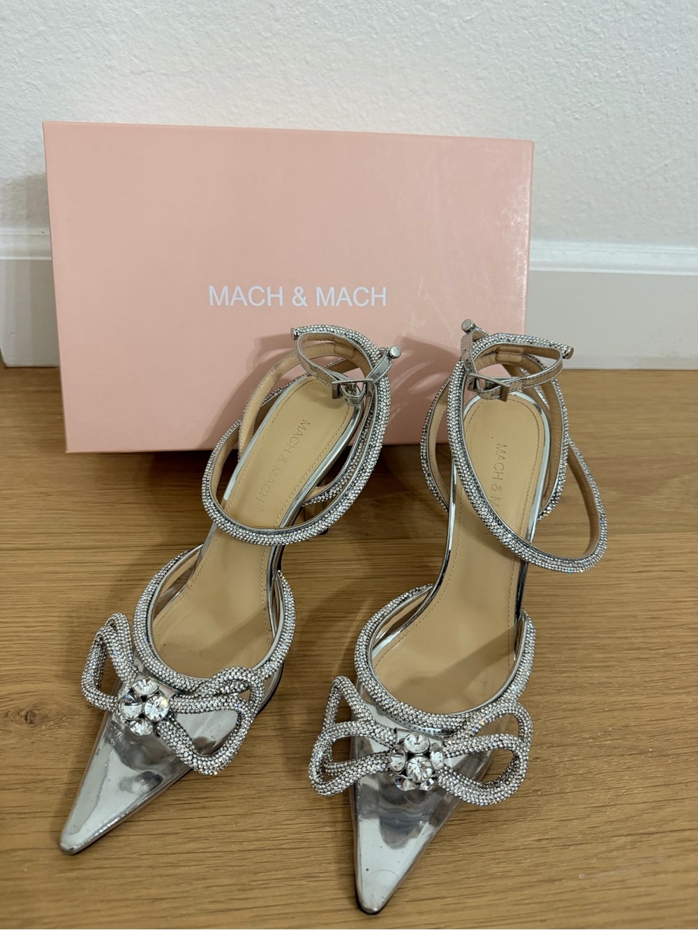 MACH & MACH Silver Crystal Bow Ankle-Strap Pointed Heels